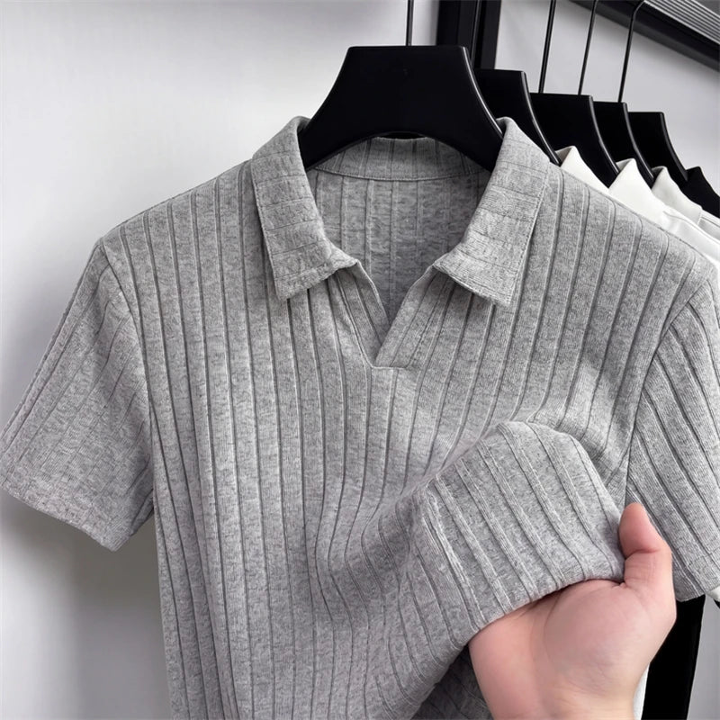 Men's Premium Ribbed Knit Polo Shirt — Soft Elastic, Breathable, Business & Casual
