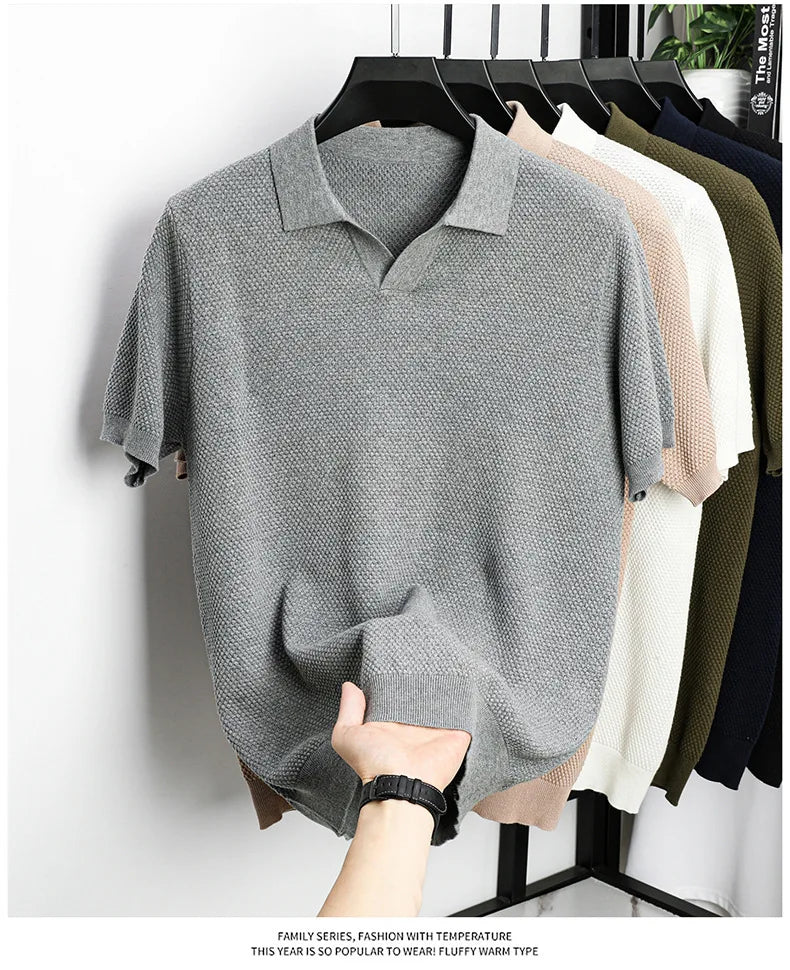 Men's Premium 100% Cotton Lapel Polo Shirt — Knitted, Short Sleeve, Casual & Versatile Summer Top