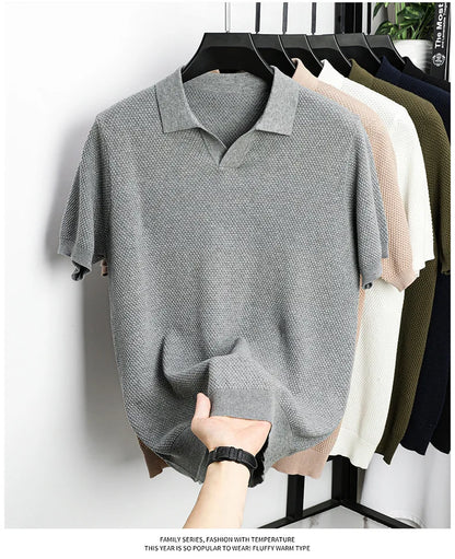 Men's Premium 100% Cotton Lapel Polo Shirt — Knitted, Short Sleeve, Casual & Versatile Summer Top