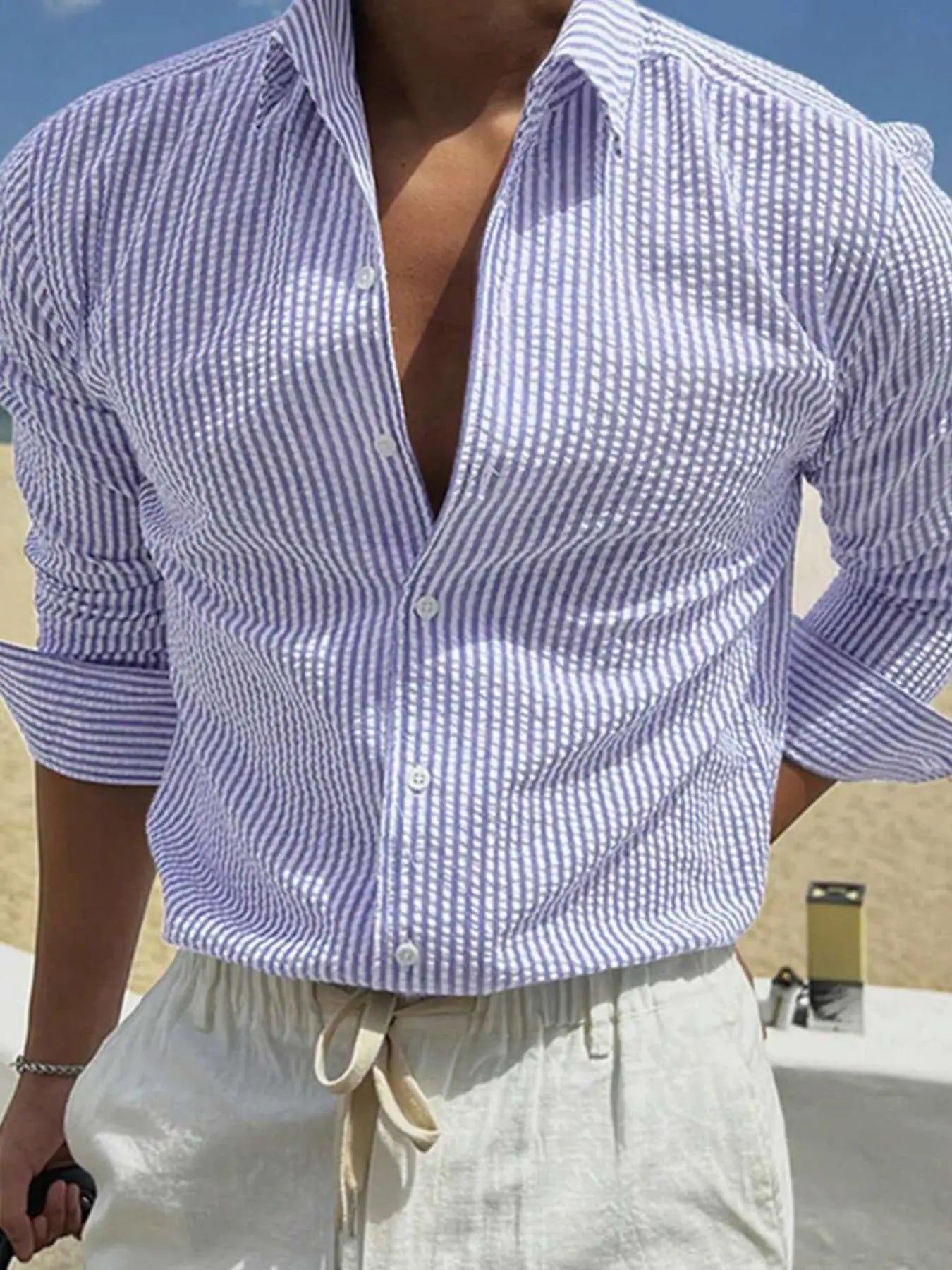 Men's Long Sleeve Striped Casual Shirt | Loose Fit | Single Breasted | Lightweight Polyester | 7 Colors | S-XXL | Spring & Autumn