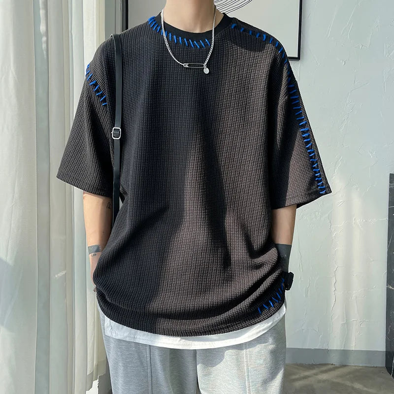 Men's Manual Suture Patchwork Harajuku T-Shirt | Oversized Neutral Casual Tee | Half Sleeve | Breathable Polyester | 3 Colors | Asia M-XXL