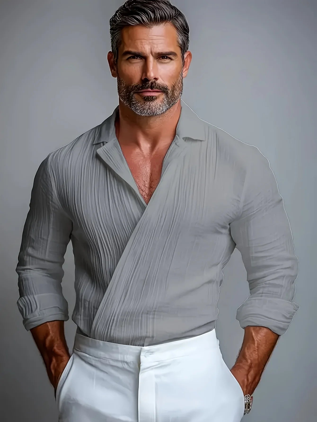 Men's Pleated Textured Dress Shirt | V-Neck | Long Sleeve | Old Money Style | Autumn Collection