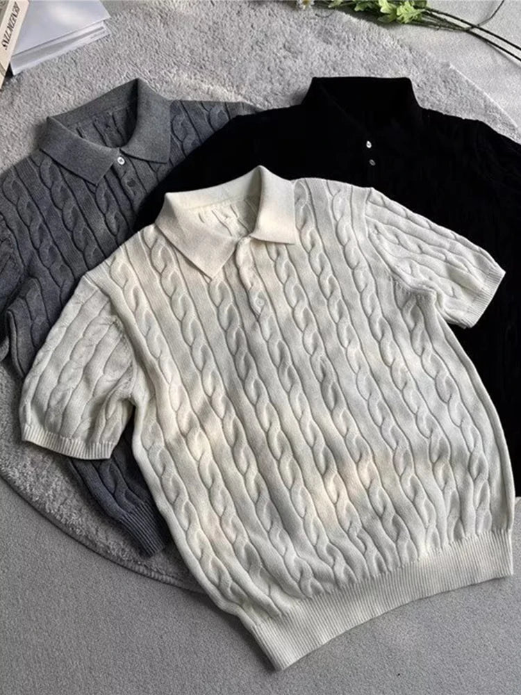 Men's Slim Fit Jacquard Knitted Polo Shirt | Summer Casual Twist Knit Button Neck Top | M–XXXL